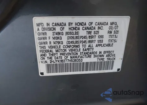 2007 Honda Ridgeline Rt from USA, damaged, VIN 2HJYK16277H538353